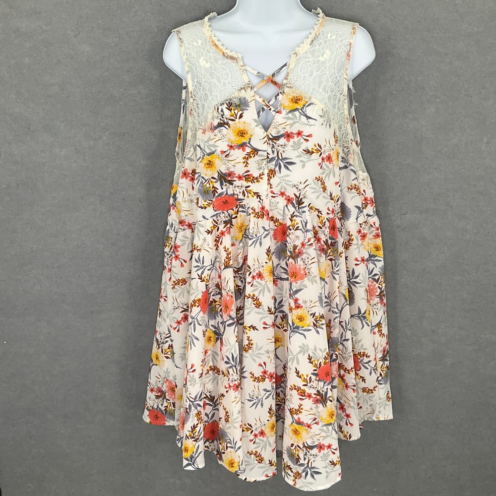 Umgee Dress Womens Sz L Lace Detail Floral Babydoll Bohemian Flowy Feminine